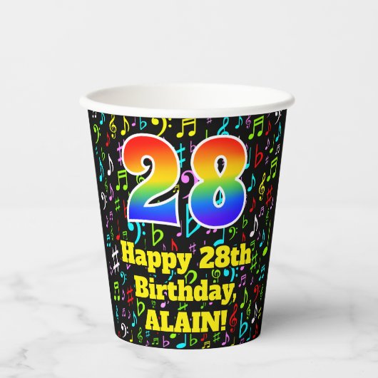 28e Verjaardag: Plezier Muzieknoten Patroon, Regen Papieren Bekers (Voorkant)