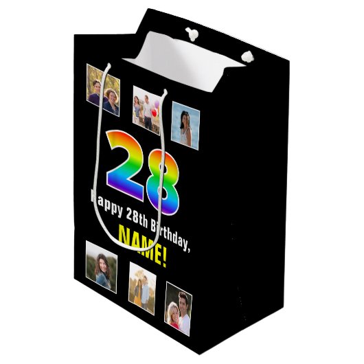 28e verjaardag: Regenboog "28", aangepaste foto's  Medium Cadeauzakje (Voorkant Gekanteld)