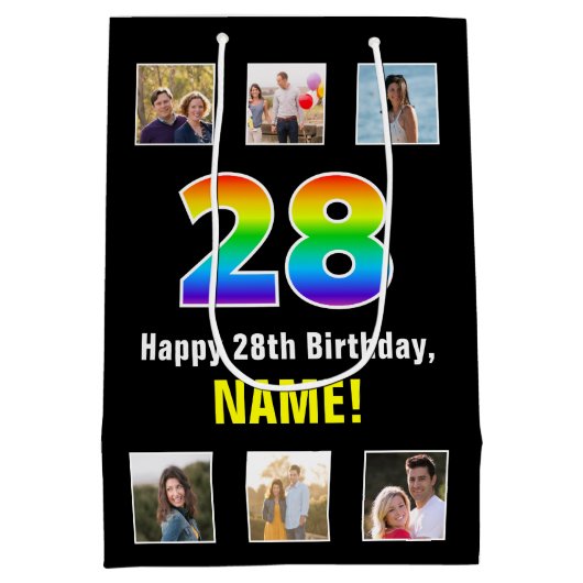 28e verjaardag: Regenboog "28", aangepaste foto's  Medium Cadeauzakje (Achterkant)