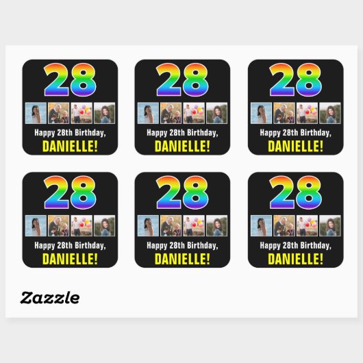 28e verjaardag: Regenboog "28"; Aangepaste foto's  Vierkante Sticker (Vel)