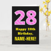 28e verjaardag: roze strepen en harten "28" + naam kaart (Gele Bloem)