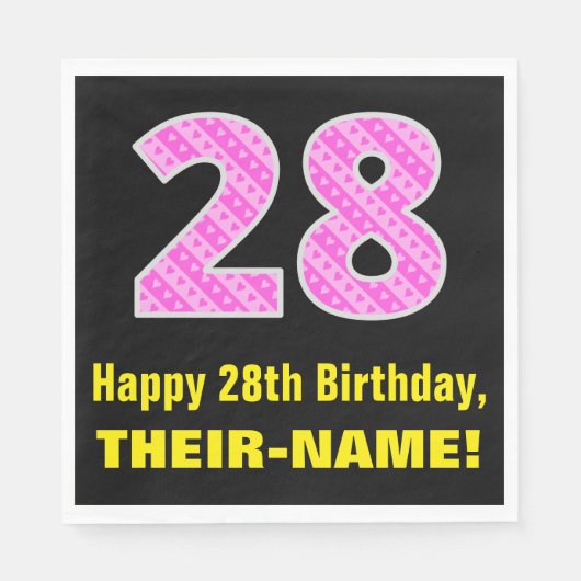 28e verjaardag: roze strepen en harten "28" + naam servet (Voorkant)