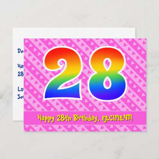 28e Verjaardag: Roze strepen & harten, Regenboog 2 Briefkaart (Voorkant / Achterkant)