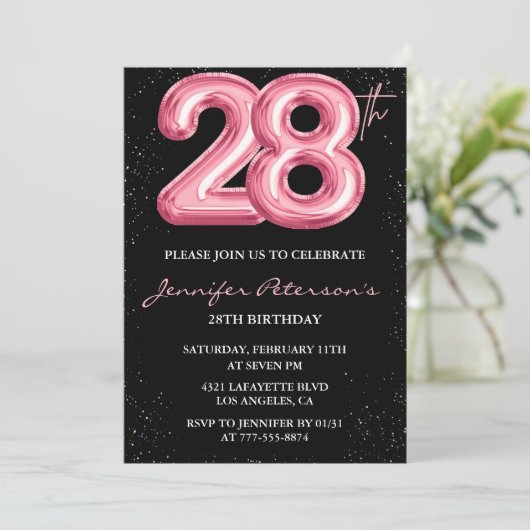28e verjaardag uitnodigingen Pink Balloon Glam Bla (Staand voorkant)