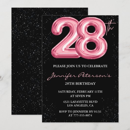 28e verjaardag uitnodigingen Pink Balloon Glam Bla (Voorkant / Achterkant)