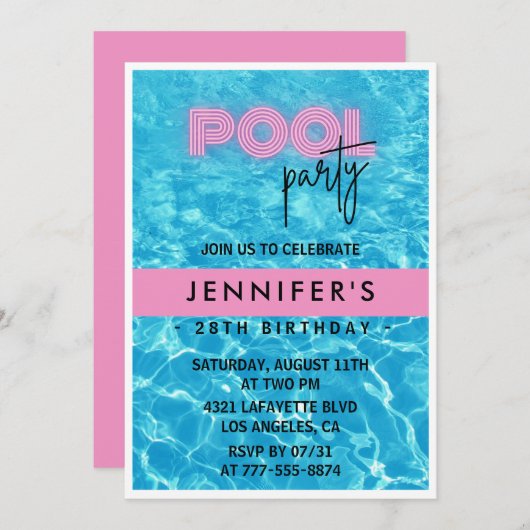 28e verjaardag uitnodigingen Pool Party Zomer (Voorkant / Achterkant)