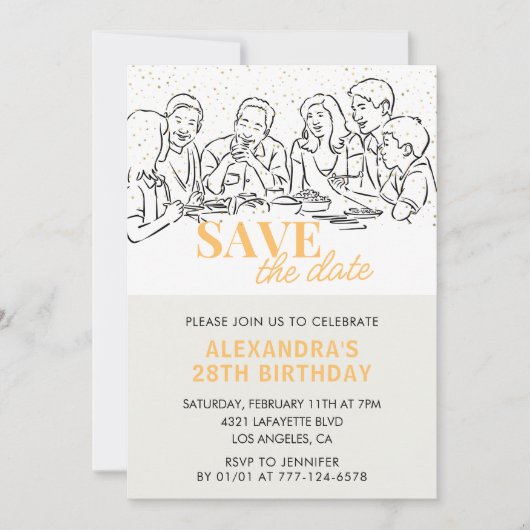 28e verjaardag uitnodigingen Save the date Diner (Voorkant)