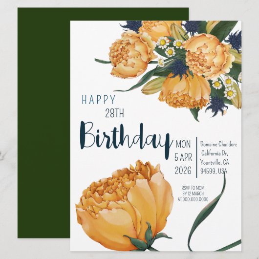 28E Verjaardag Unieke Waterverf Tulpenbloemen Kaart (Voorkant / Achterkant)