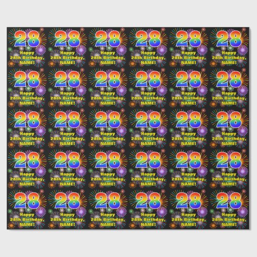 28e verjaardag: vuurwerk, regenboogblik # "28" cadeaupapier (Vlak)