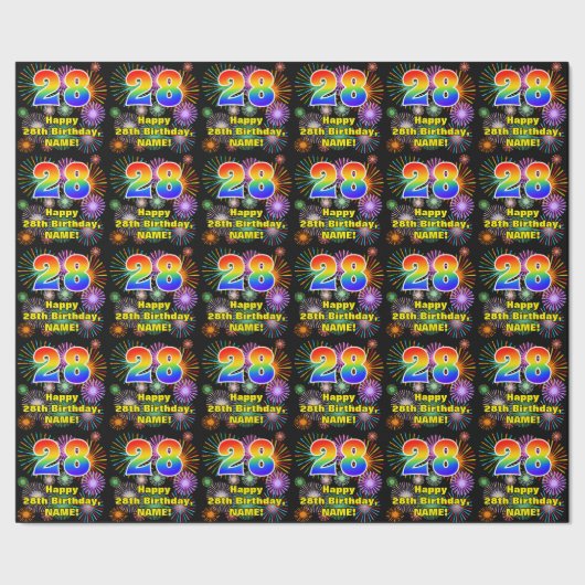 28e verjaardag: vuurwerk, regenboogblik # "28" cadeaupapier (Zoom)