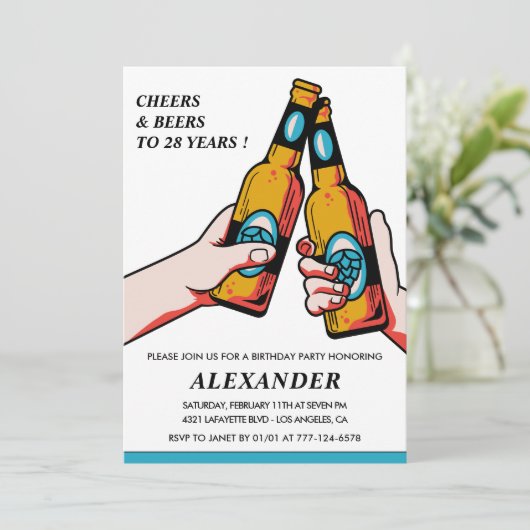 28e verjaardagsuitnodiging Cheers and Beers Mannen Kaart (Staand voorkant)