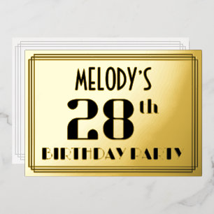 28ste verjaardag: Art Deco Kijk "28" en naam Folie Uitnodiging