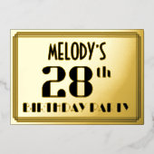 28ste verjaardag: Art Deco Kijk "28" en naam Folie Uitnodiging (Voorkant)
