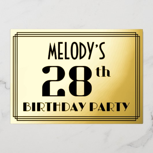 28ste verjaardag: Art Deco Kijk "28" en naam Folie Uitnodiging (Voorkant)