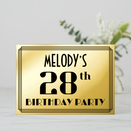 28ste verjaardag: Art Deco Kijk "28" en naam Folie Uitnodiging (Staand Voorkant)