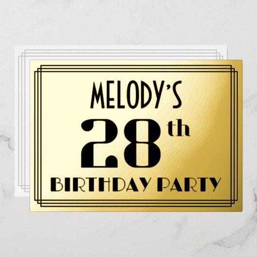 28ste verjaardag: Art Deco Kijk "28" en naam Folie Uitnodiging (Voorkant / Achterkant)