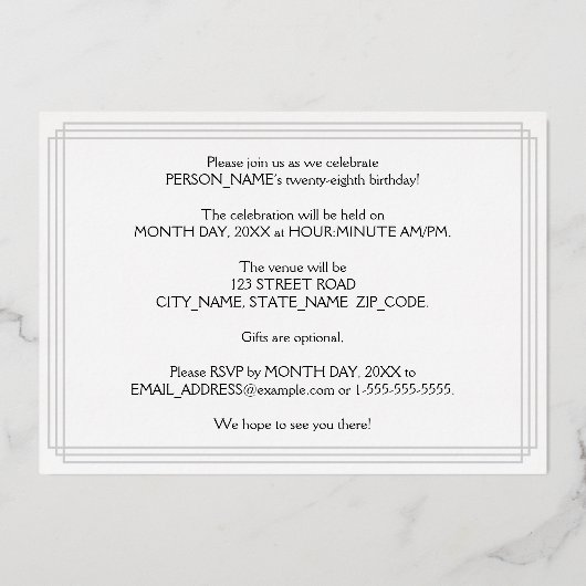 28ste verjaardag: Art Deco Kijk "28" en naam Folie Uitnodiging (Achterkant)