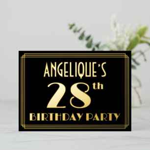 28ste verjaardag: Art Deco Kijk "28", met naam Folie Uitnodiging