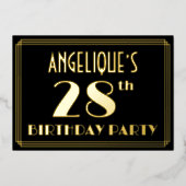 28ste verjaardag: Art Deco Kijk "28", met naam Folie Uitnodiging (Voorkant)