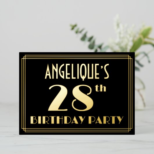 28ste verjaardag: Art Deco Kijk "28", met naam Folie Uitnodiging (Staand Voorkant)