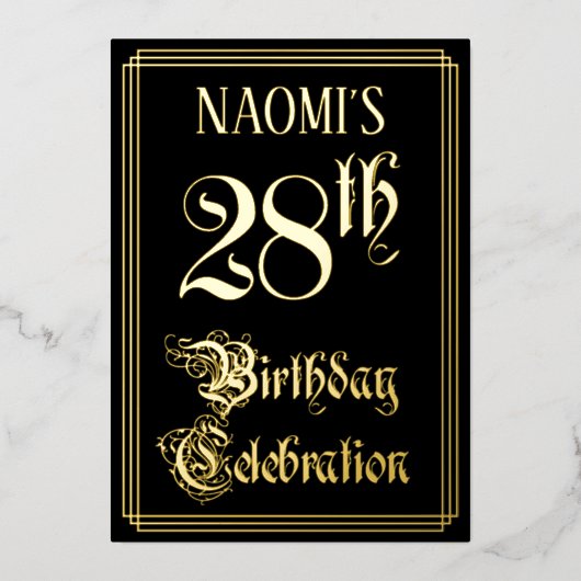 28ste Verjaardagsfeest — Fancy Script & Aangepaste Folie Uitnodiging (Voorkant)