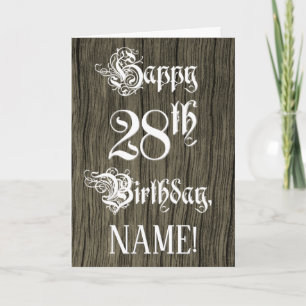 28th Birthday: Fancy, Elegant Text; Faux Wood Look Kaart