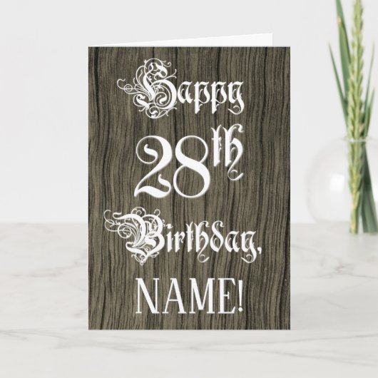 28th Birthday: Fancy, Elegant Text; Faux Wood Look Kaart (Voorkant)