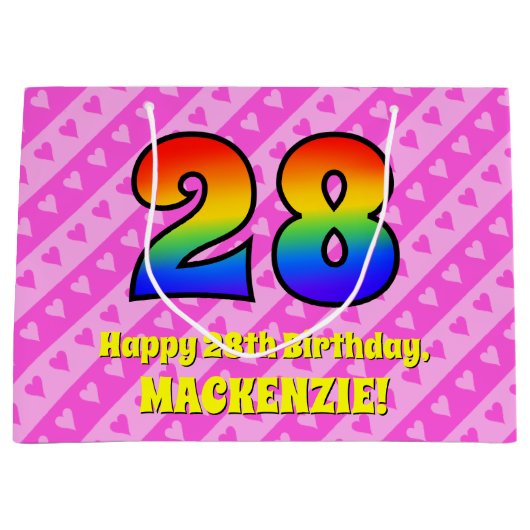 28th Birthday: Pink Stripes & Hearts, Rainbow # 28 Groot Cadeauzakje (Voorkant)