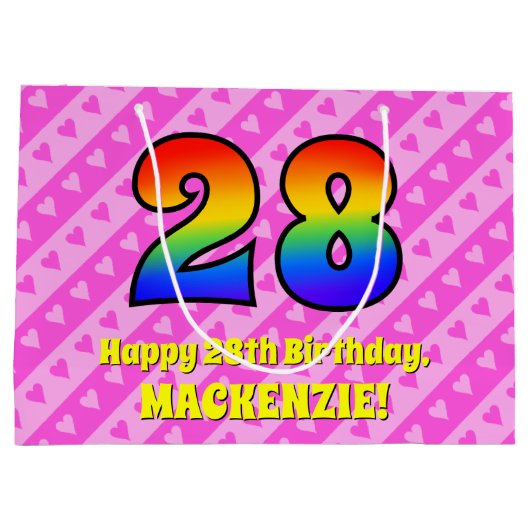 28th Birthday: Pink Stripes & Hearts, Rainbow # 28 Groot Cadeauzakje (Achterkant)