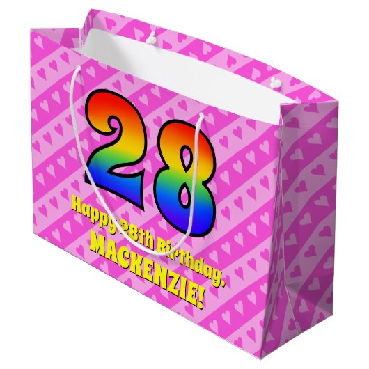 28th Birthday: Pink Stripes & Hearts, Rainbow # 28 Groot Cadeauzakje (Achterkant Gekanteld)