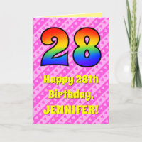 28th Birthday: Pink Stripes & Hearts, Rainbow # 28