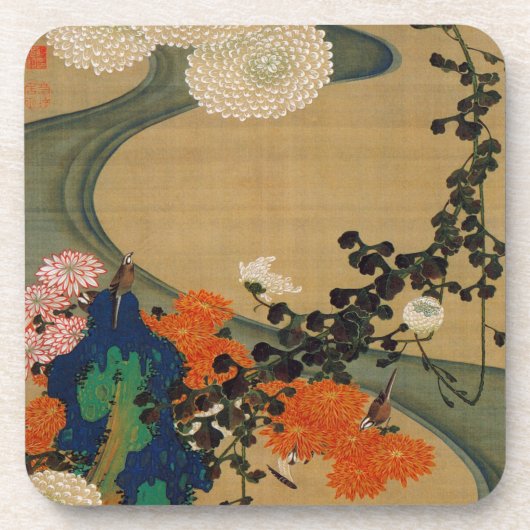 29. 菊 流 図, 若 冲 Chrysanthemum & Stream, Jakuchüu Drankjes Onderzetter (Voorkant)