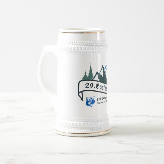 29. Gaufest Beer Stein - wit en goud Bierpul (Voorkant links)