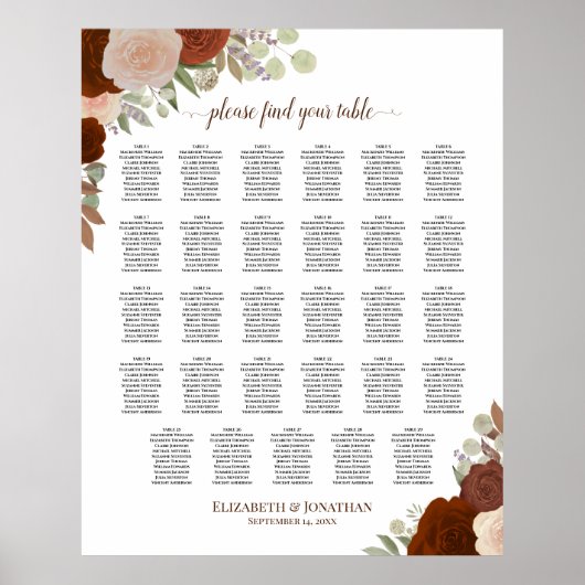 29 Tabel herfst Floral Boho Wedding Seating Chart Poster (Voorkant)