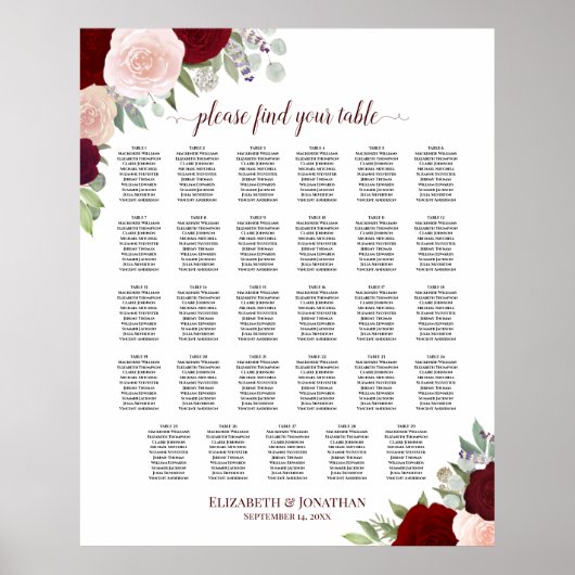 29 Tabel Rood en roze Floral Wedding Seating Chart Poster (Voorkant)