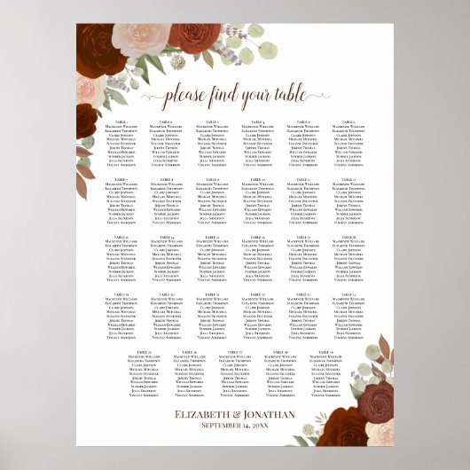 29 Tafel Herfst Bloemige Boho Trouw Stoelen Chart Poster (Voorkant)