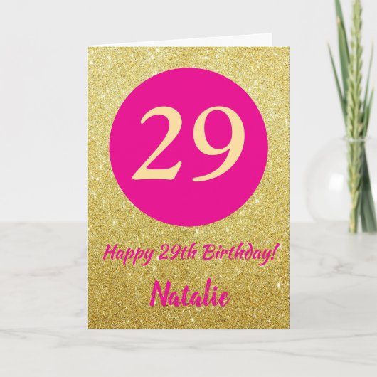 29e Happy Birthday Hot Pink en Gold Glitter Kaart (Voorkant)