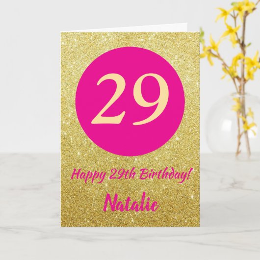 29e Happy Birthday Hot Pink en Gold Glitter Kaart (Gele Bloem)