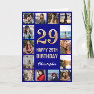 29e Happy Birthday Navy Blue & Gold Photo Collage Kaart