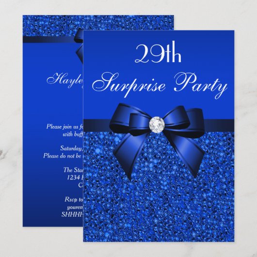 29e Surprise Party Royal Blue Sequins en Bow Kaart (Voorkant / Achterkant)