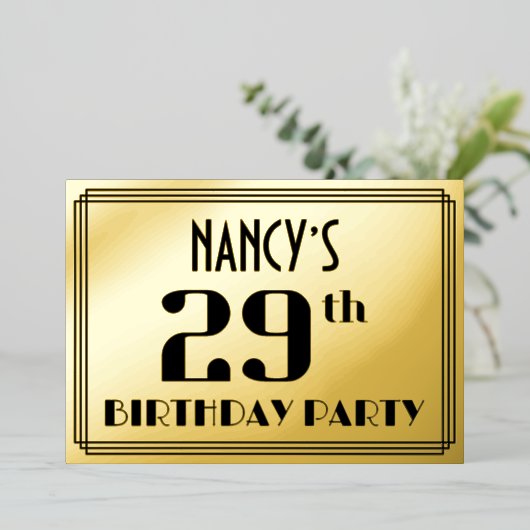 29e verjaardag: Art Deco Kijk "29" en naam Folie Uitnodiging (Staand Voorkant)