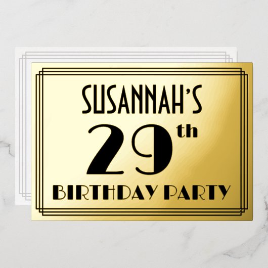 29e verjaardag — Art Deco look "29" + Naam Folie Uitnodiging (Voorkant / Achterkant)