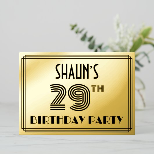 29e verjaardag — Art Deco Style "29" en naam Folie Uitnodiging (Staand Voorkant)