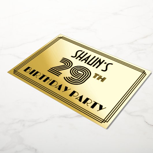 29e verjaardag — Art Deco Style "29" en naam Folie Uitnodiging (Gedraaid)