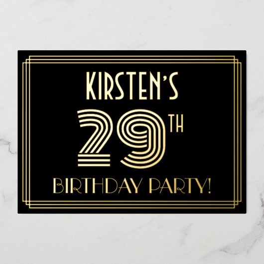 29e verjaardag — Art Deco Style "29" + Naam Folie Uitnodiging (Voorkant)