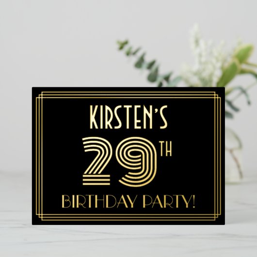 29e verjaardag — Art Deco Style "29" + Naam Folie Uitnodiging (Staand Voorkant)