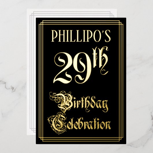 29e verjaardag — Fancy script en aangepaste naam Folie Uitnodiging (Voorkant / Achterkant)