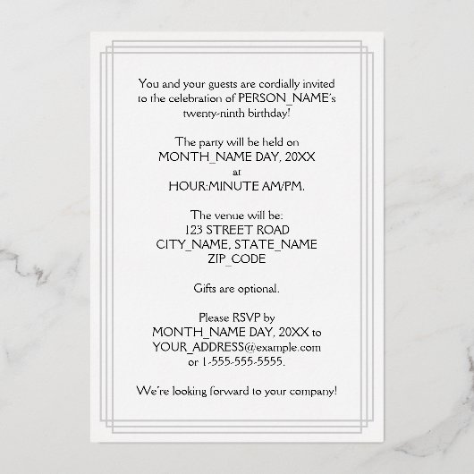 29e verjaardag — Fancy script en aangepaste naam Folie Uitnodiging (Achterkant)