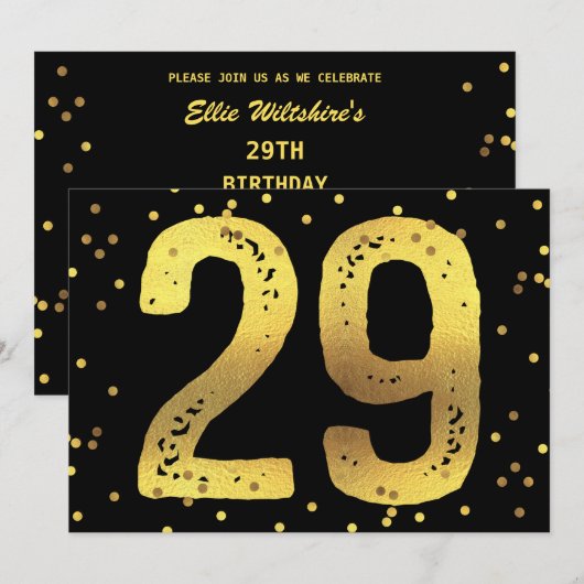 29e verjaardag Faux Gold Foil Confetti Black Kaart (Voorkant / Achterkant)