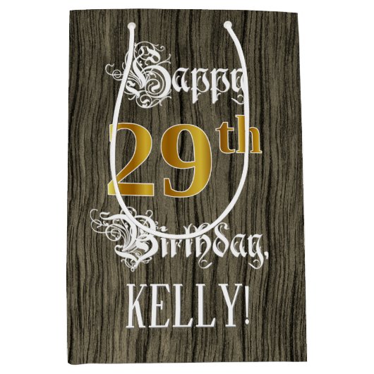 29e verjaardag: Faux Gold look & Faux Wood Pattern Medium Cadeauzakje (Voorkant)
